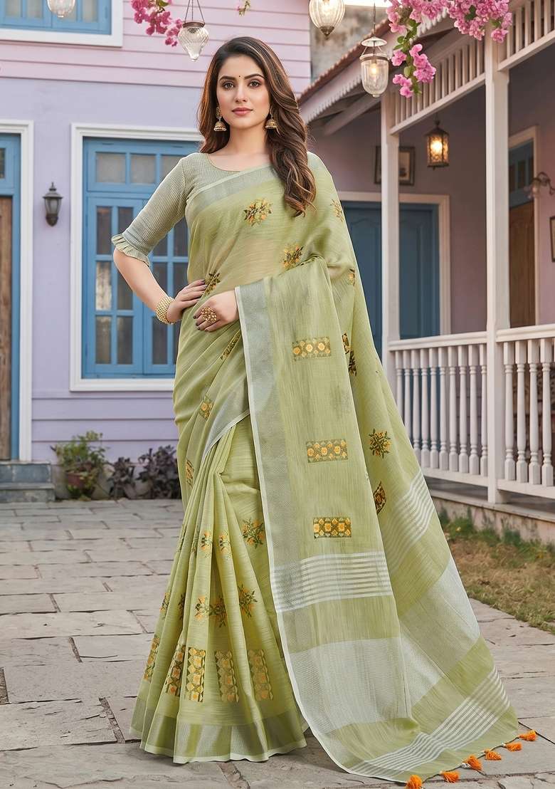 Light Green Embroidered Cotton Saree Set for Diwali and Festive Wear - Indya