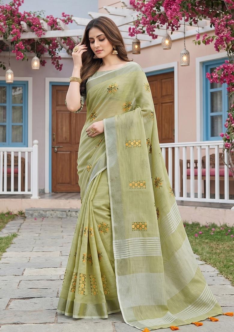 Light Green Embroidered Cotton Saree Set - Indya