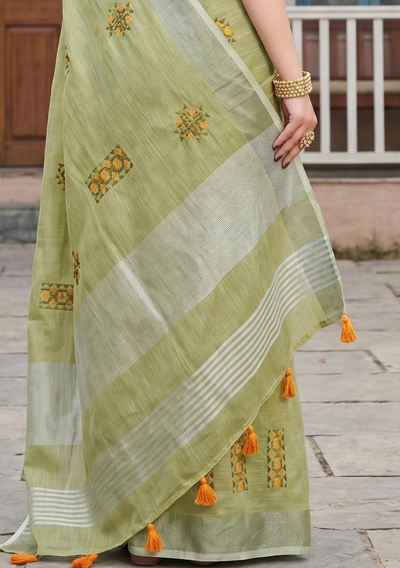 Light Green Embroidered Cotton Saree Set - Indya