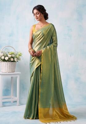Sea Green Zari Work Silk Blend Saree Set