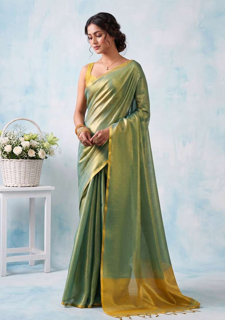 Sea Green Silk Blend Saree Set with Zari Work for Diwali | Wedding & Festive Wear - Indya