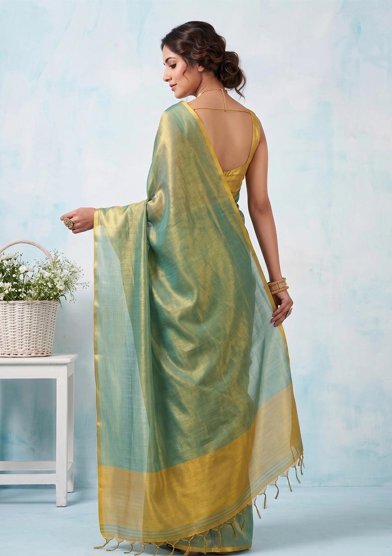 Sea Green Zari Work Silk Blend Saree Set - Indya