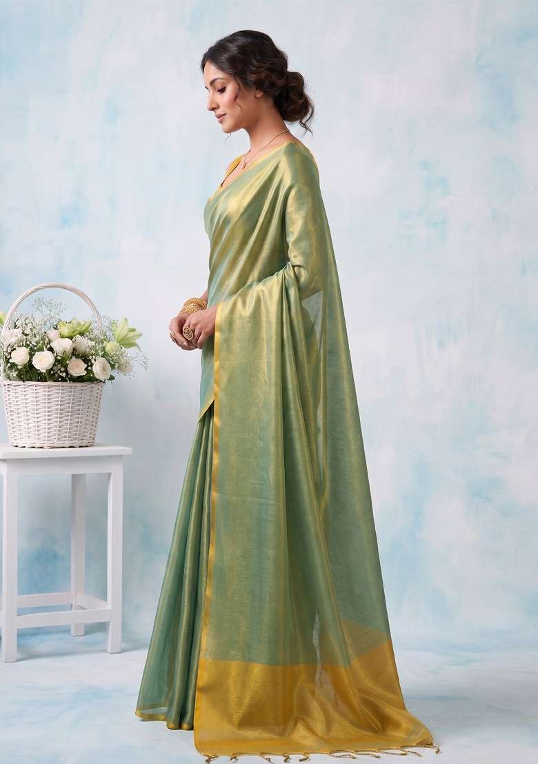 Sea Green Silk Blend Saree Set with Zari Work for Diwali | Wedding & Festive Wear - Indya