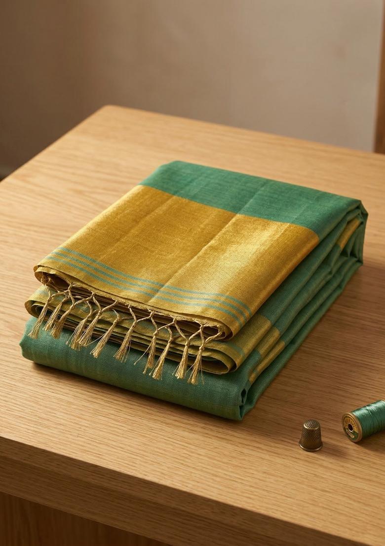 Sea Green Zari Work Silk Blend Saree Set - Indya