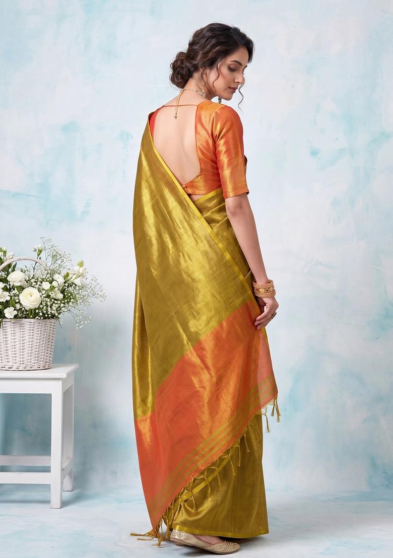 Mustard Zari Work Silk Blend Saree Set - Indya