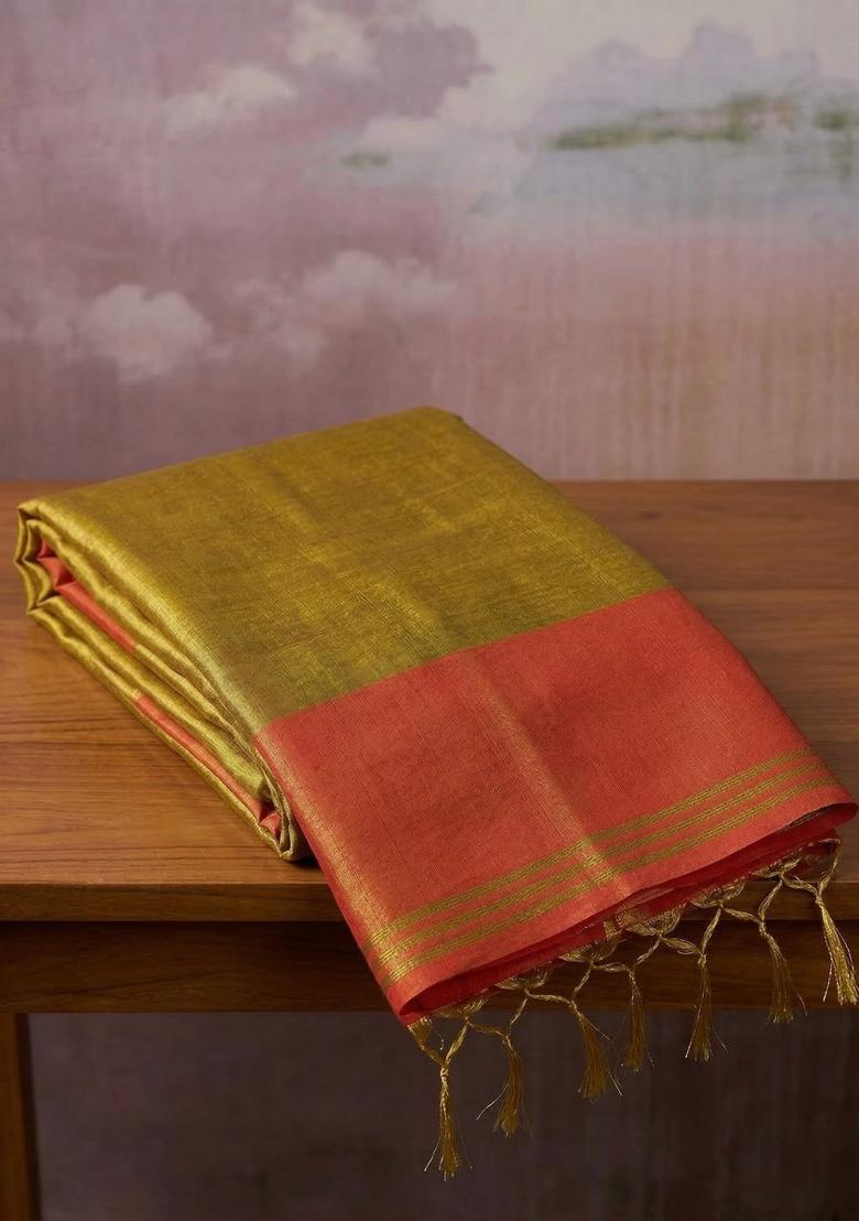 Mustard Zari Work Silk Blend Saree Set - Indya