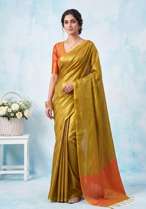 Mustard Zari Work Silk Blend Saree Set