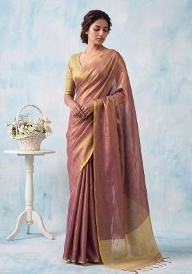 Onion Pink Zari Work Silk Blend Saree Set