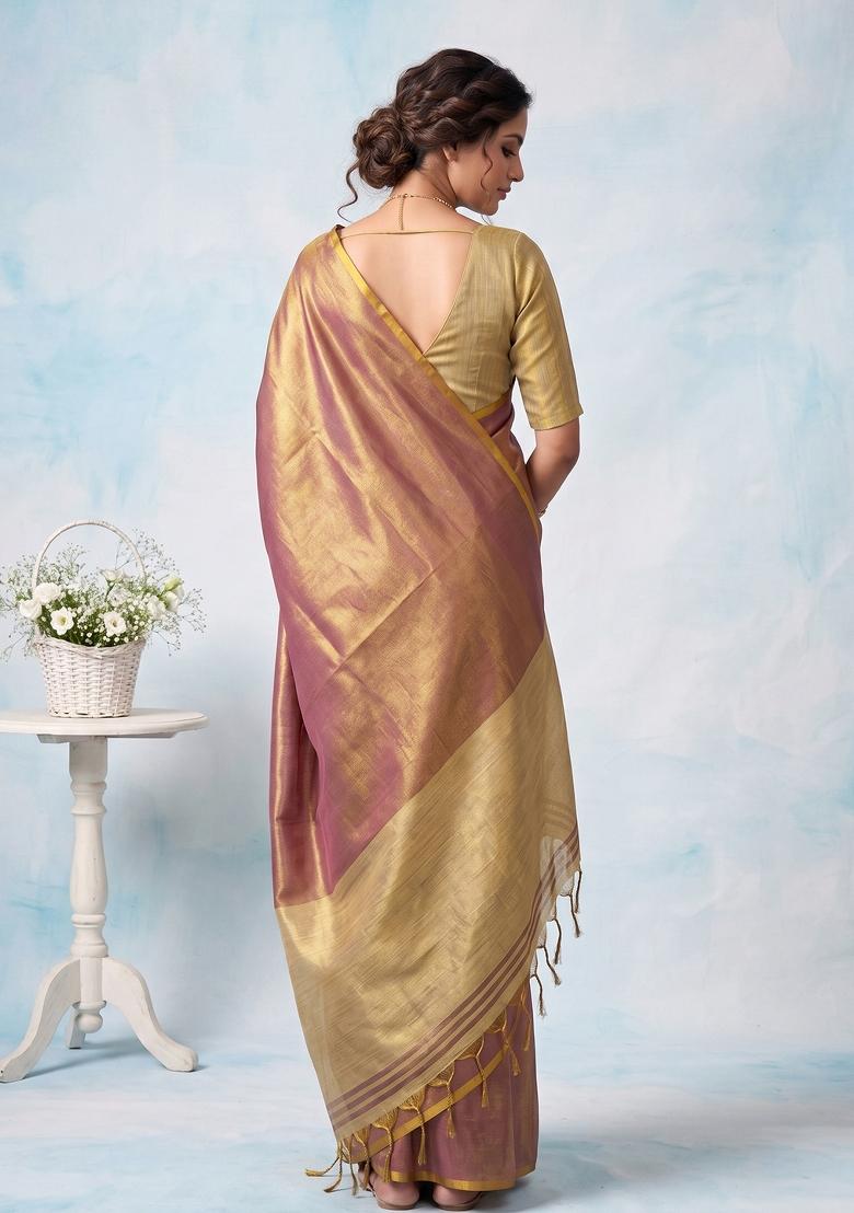 Onion Pink Zari Work Silk Blend Saree Set - Indya