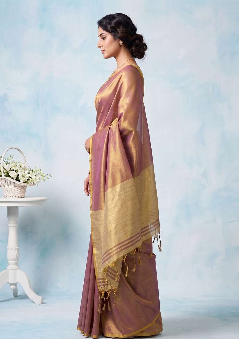 Onion Pink Silk Blend Saree Set with Zari Work for Diwali | Wedding & Festive Wear - Indya