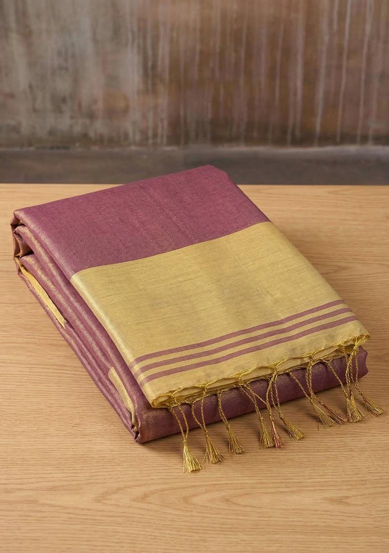Onion Pink Zari Work Silk Blend Saree Set - Indya