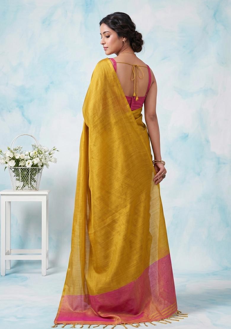 Yellow Zari Work Silk Blend Saree Set - Indya
