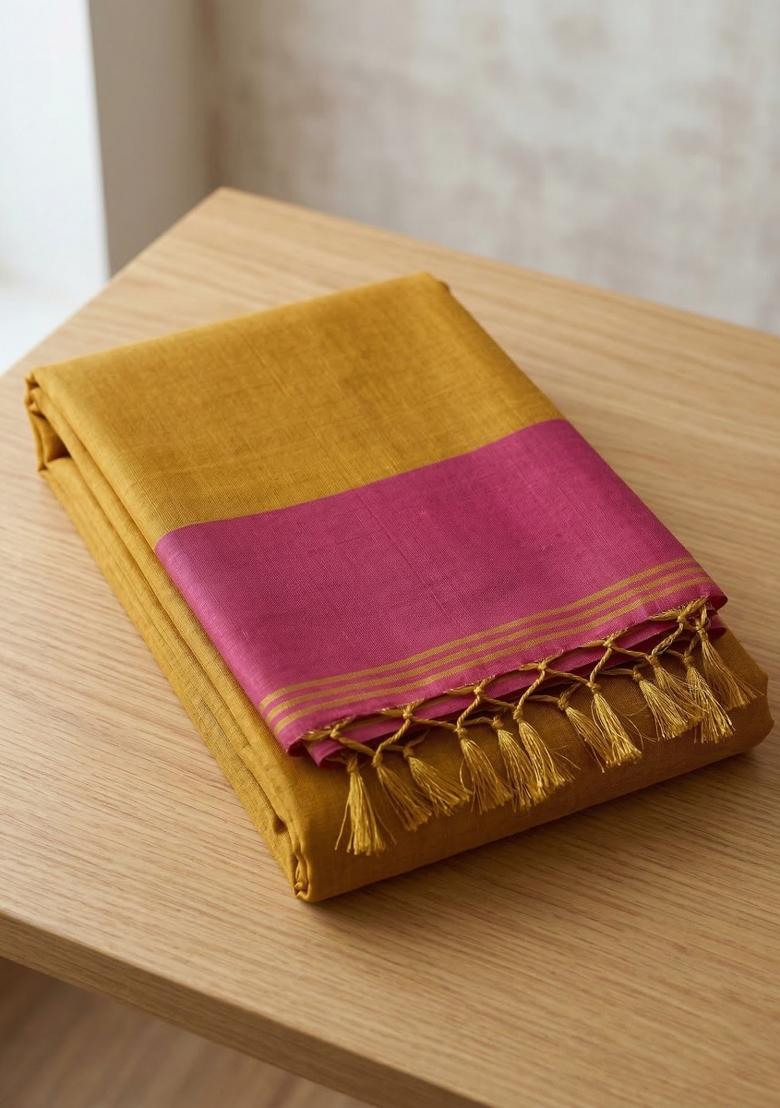 Yellow Zari Work Silk Blend Saree Set - Indya