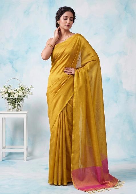Yellow Zari Work Silk Blend Saree Set