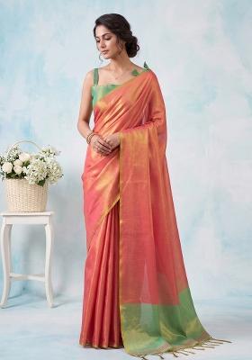 Peach Zari Work Silk Blend Saree Set