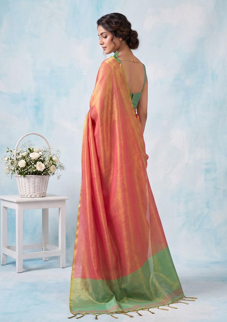 Peach Zari Work Silk Blend Saree Set - Indya