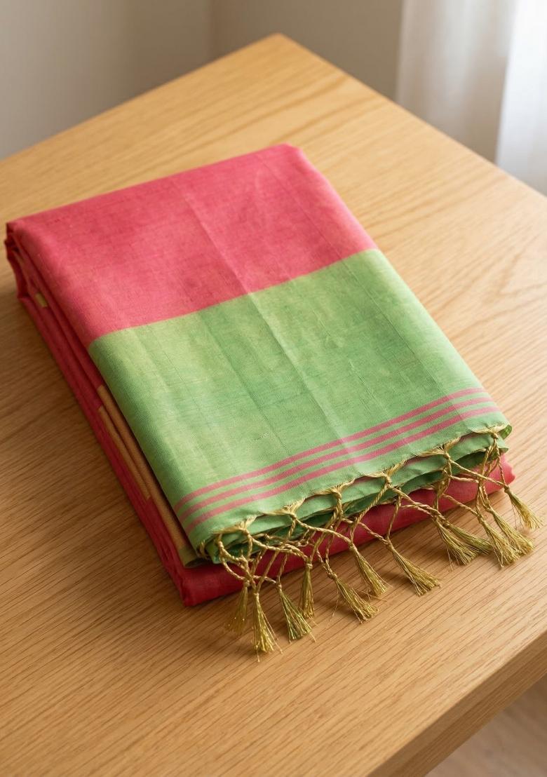 Peach Zari Work Silk Blend Saree Set - Indya