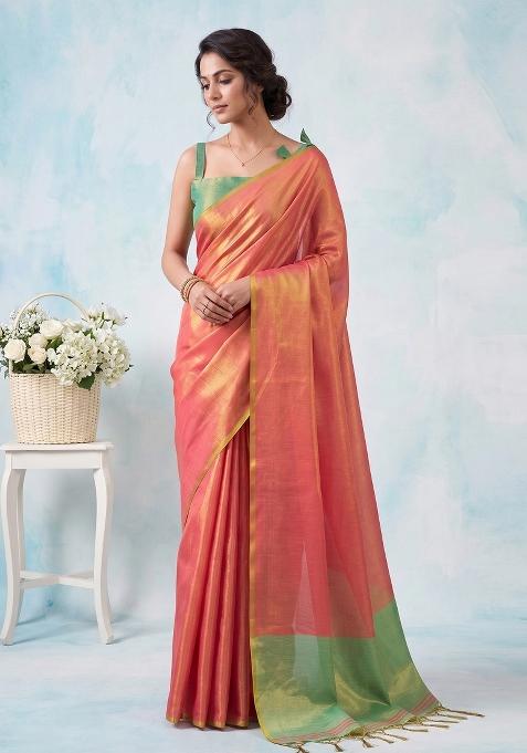 Peach Zari Work Silk Blend Saree Set
