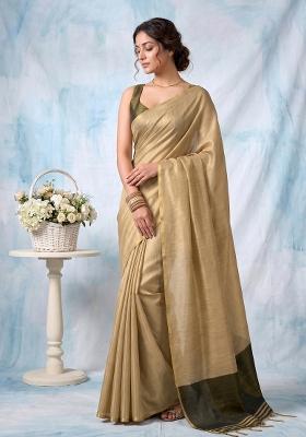 Beige Zari Work Silk Blend Saree Set