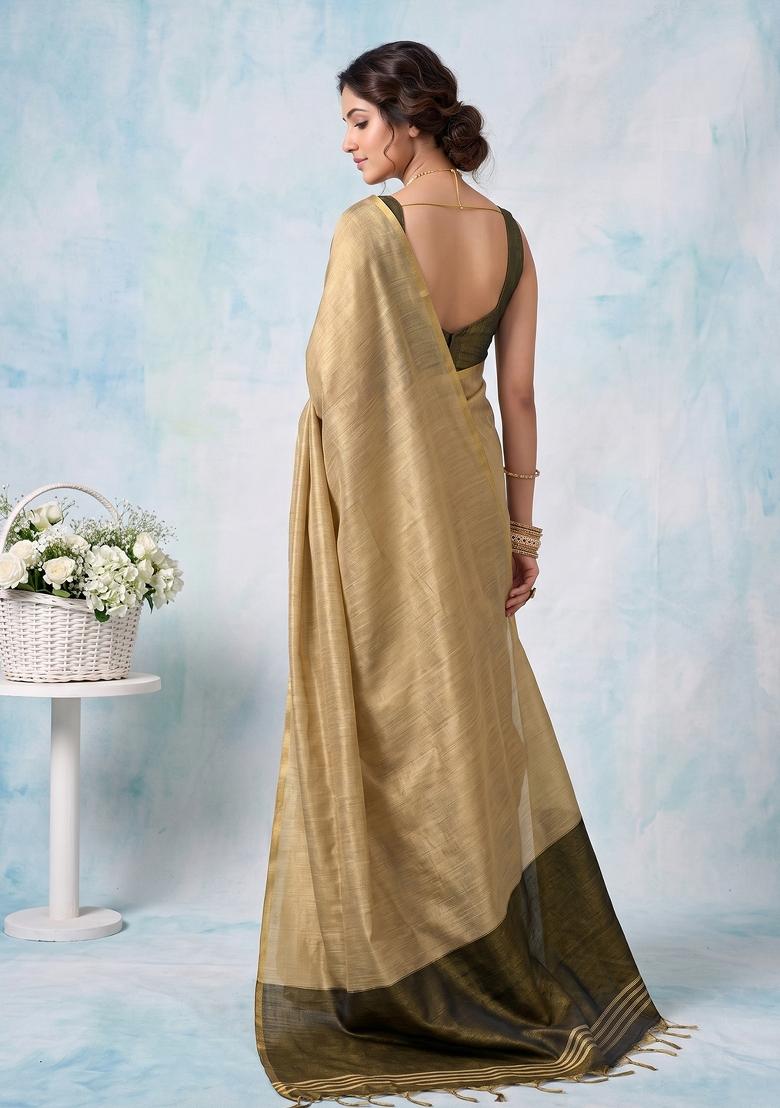 Beige Zari Work Silk Blend Saree Set - Indya