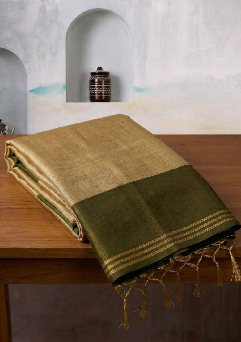 Beige Zari Work Silk Blend Saree Set - Indya
