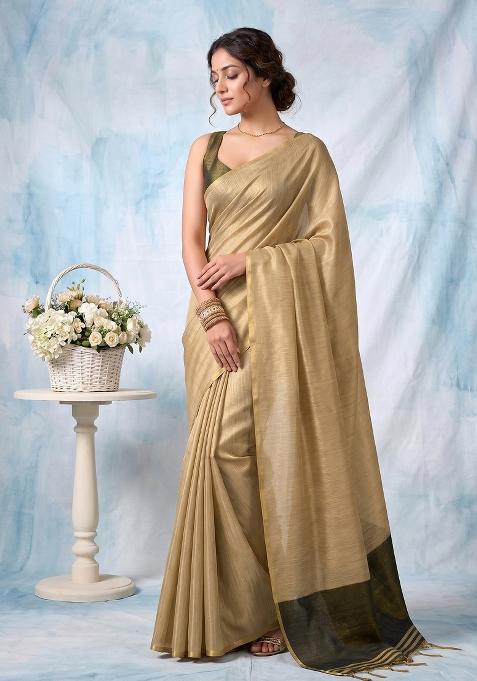 Beige Zari Work Silk Blend Saree Set