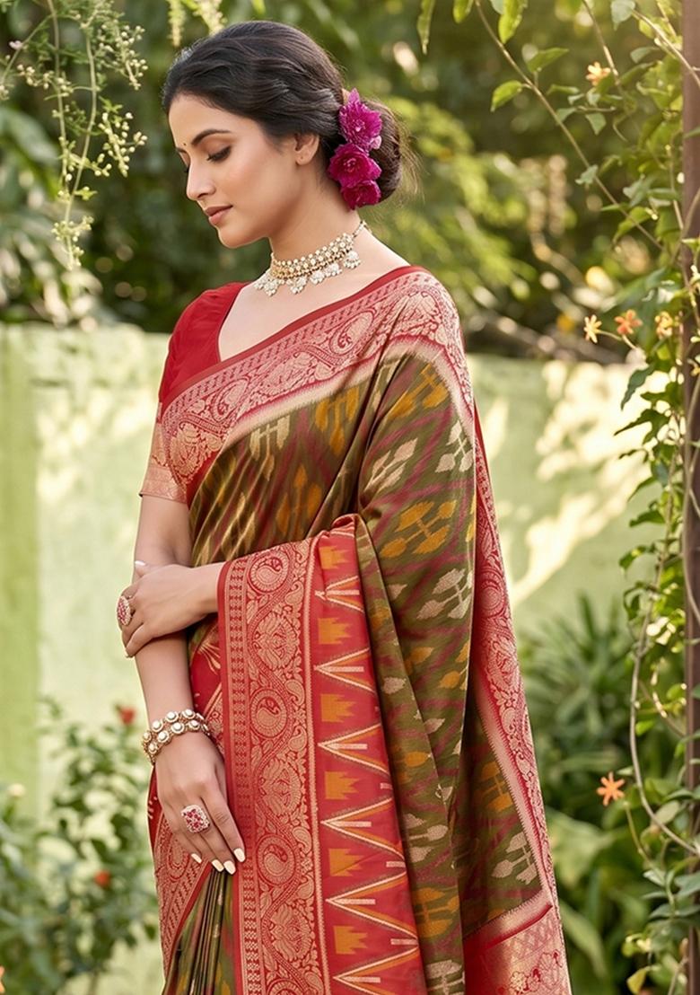 Mehendi Green Zari Work Silk Blend Saree Set - Indya