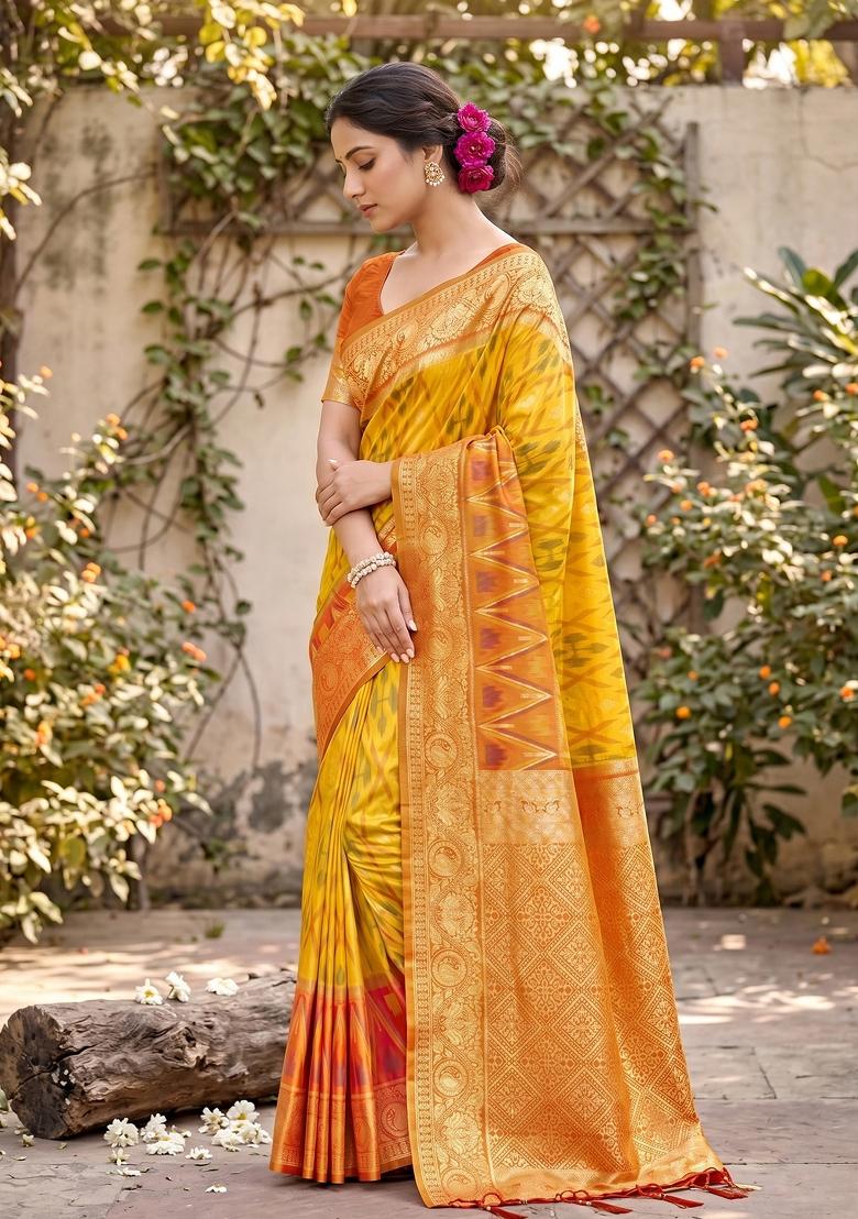Yellow Zari Work Silk Blend Saree Set - Indya