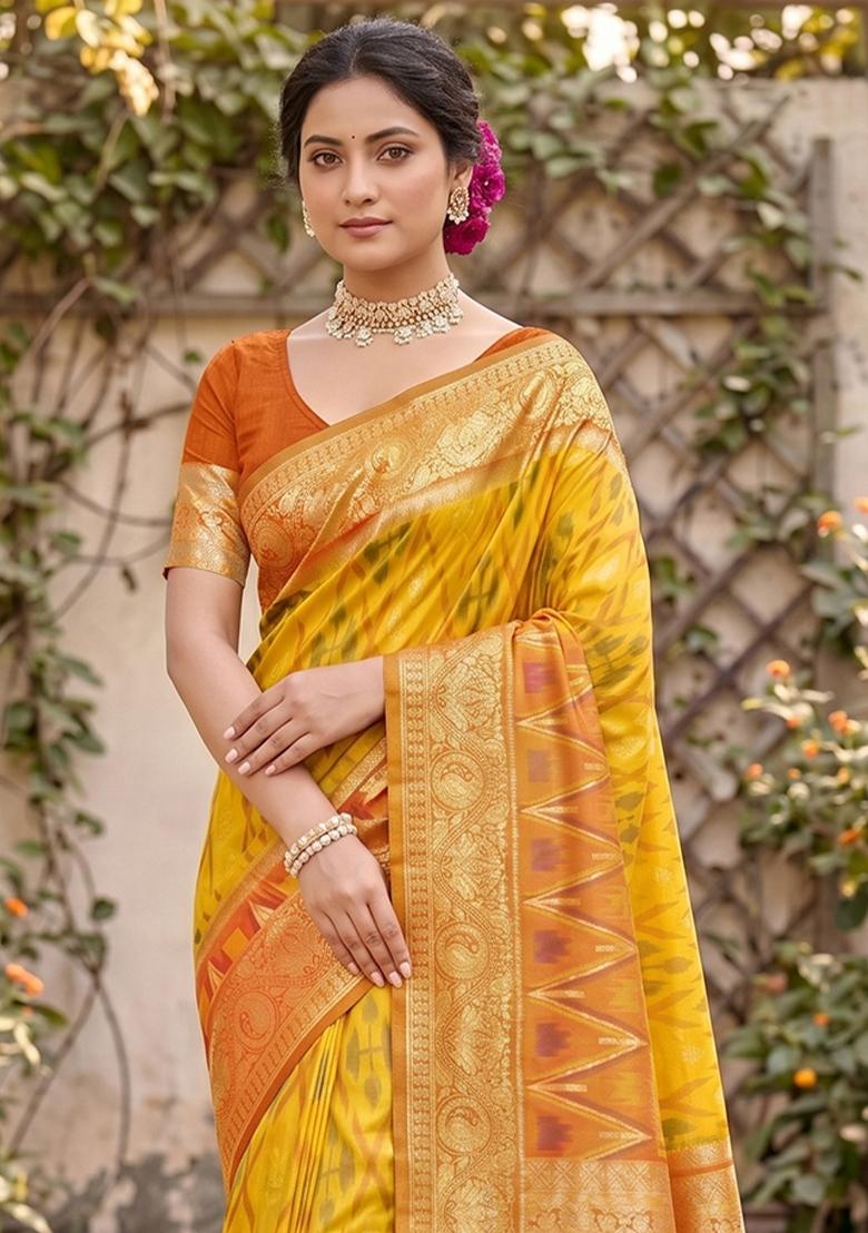 Yellow Zari Work Silk Blend Saree Set - Indya