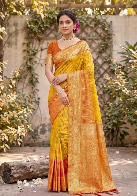 Yellow Zari Work Silk Saree Set