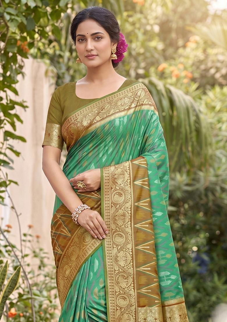 Green Zari Work Silk Blend Saree Set - Indya
