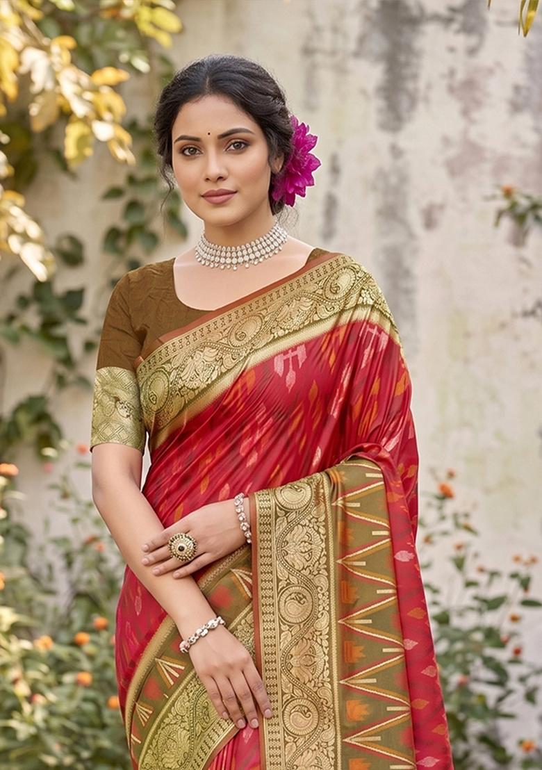 Red Zari Work Silk Blend Saree Set - Indya