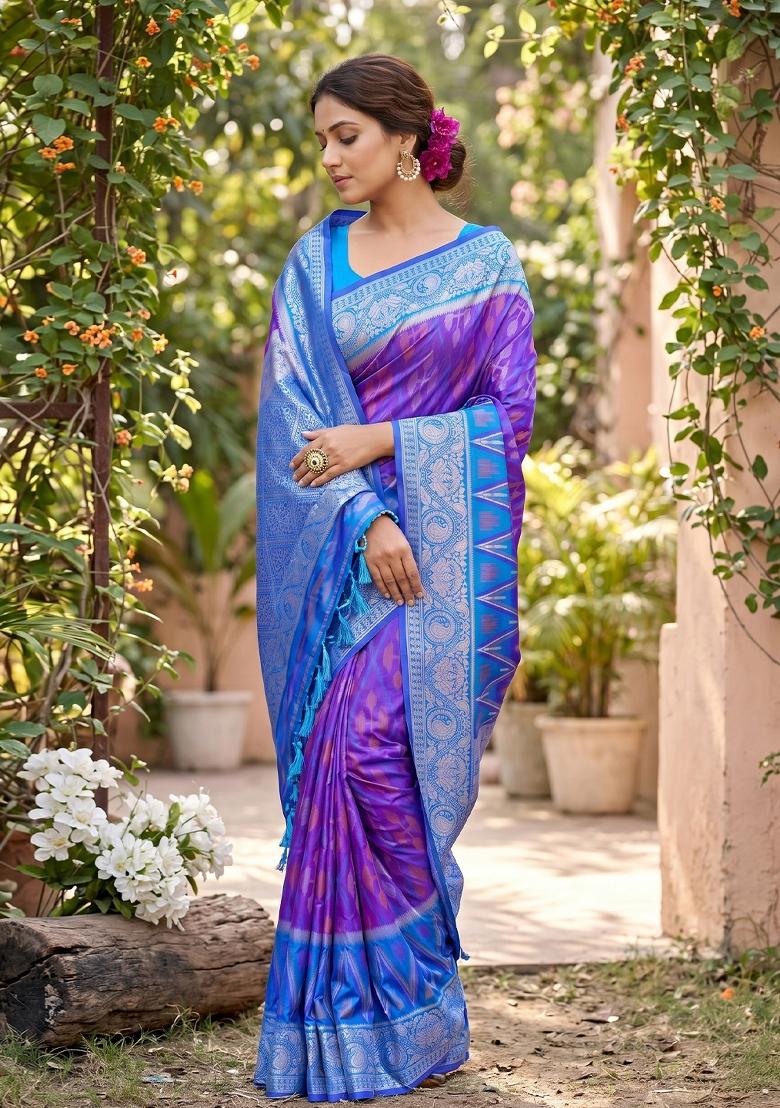 Violet Zari Work Silk Blend Saree Set - Indya