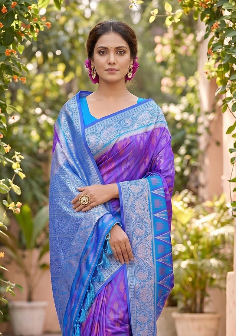 Violet Zari Work Silk Blend Saree Set - Indya