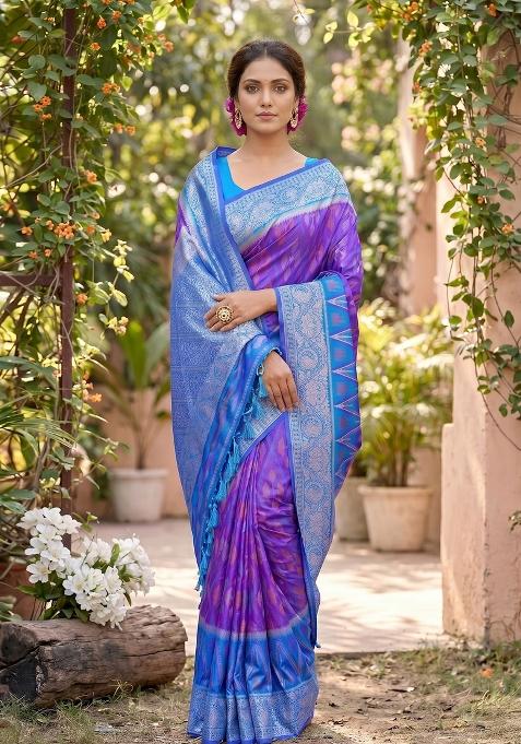 Violet Zari Work Silk Blend Saree Set