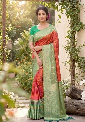 Orange Zari Work Silk Blend Saree Set