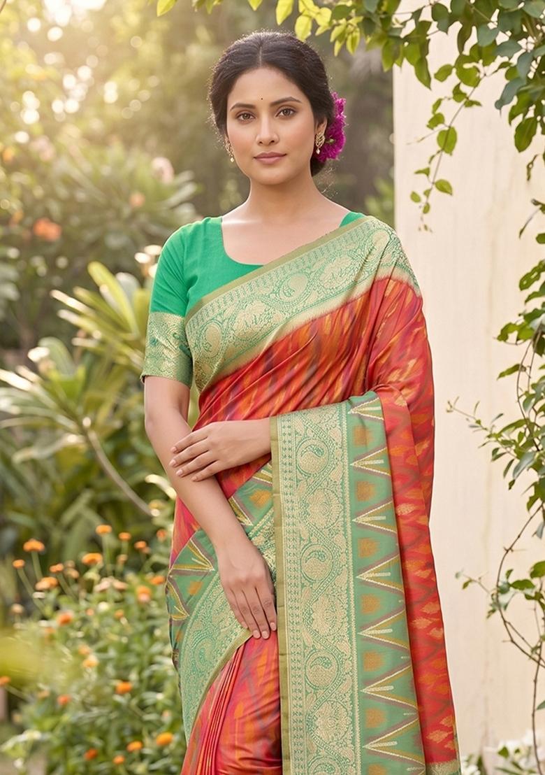 Orange Zari Work Silk Blend Saree Set - Indya