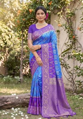 Blue Zari Work Silk Blend Saree Set