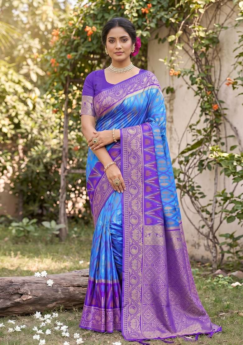 Blue Silk Blend Saree Set with Zari Work for Diwali | Wedding & Festive Wear - Indya