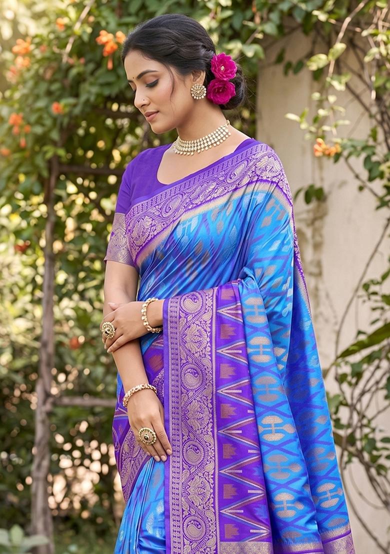 Blue Zari Work Silk Blend Saree Set - Indya