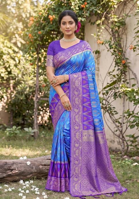Blue Zari Work Silk Blend Saree Set