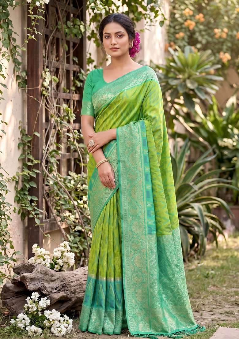 Light Green Zari Work Silk Blend Saree Set for Diwali and Festive Wear - Indya
