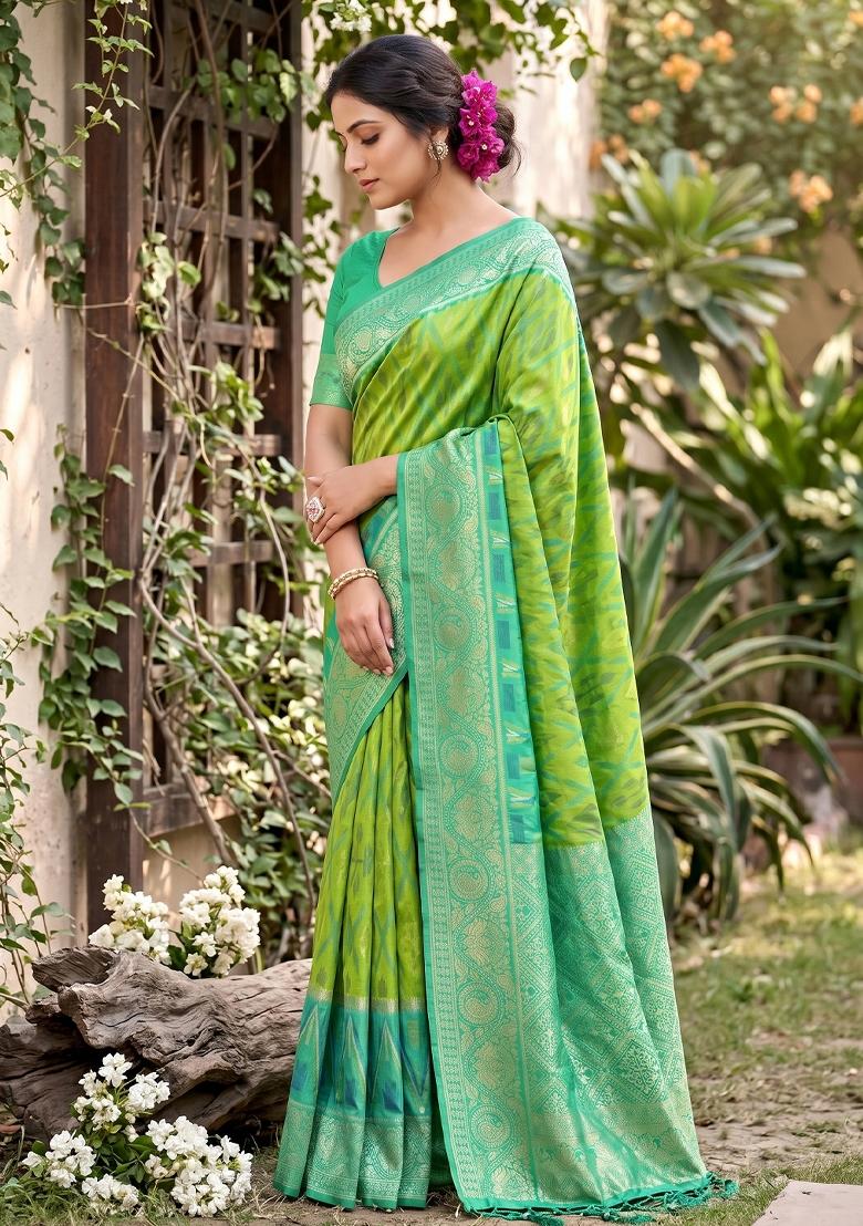 Light Green Zari Work Silk Blend Saree Set - Indya