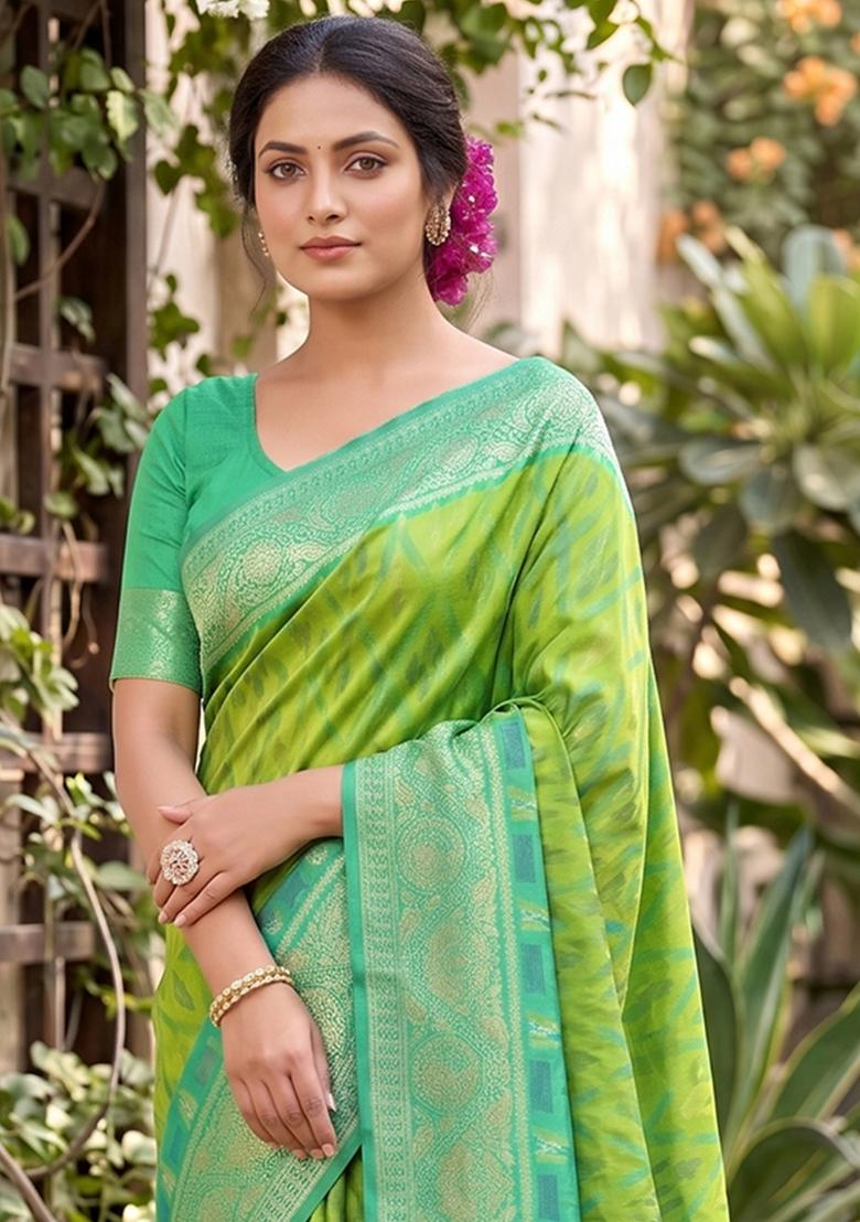 Light Green Zari Work Silk Blend Saree Set - Indya