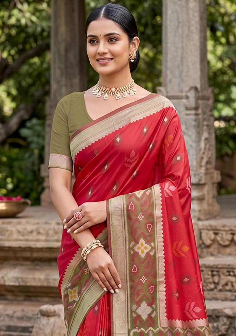 Red Zari Work Silk Blend Saree Set - Indya