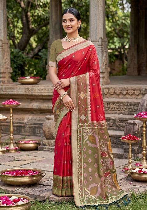 Red Zari Work Silk Saree Set