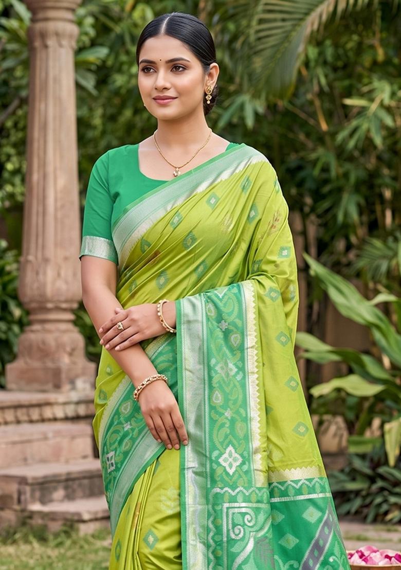 Light Green Zari Work Silk Blend Saree Set - Indya