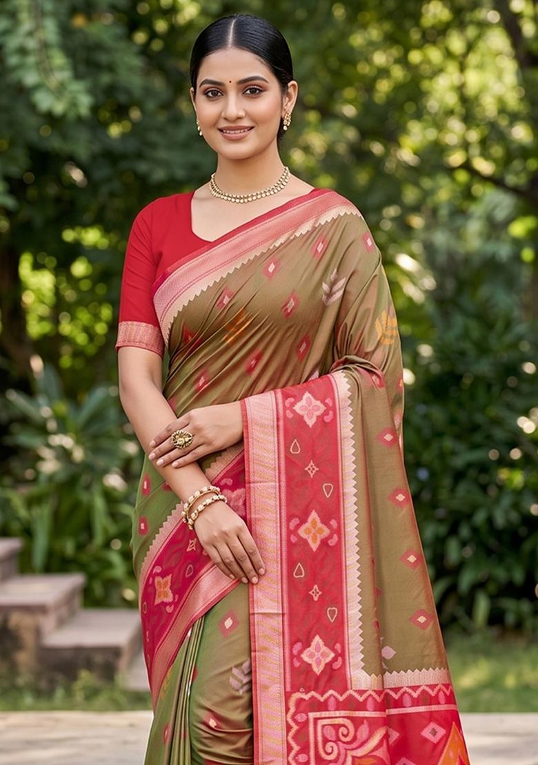Olive Green Zari Work Silk Blend Saree Set - Indya