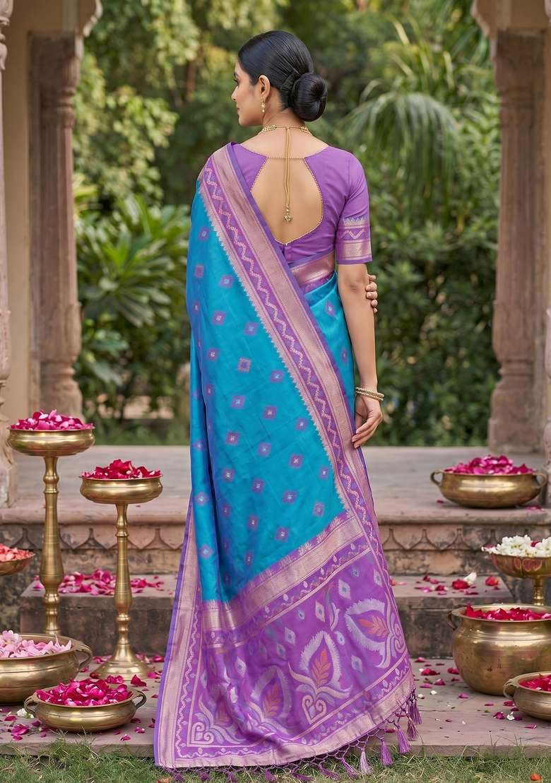 Blue Zari Work Silk Blend Saree Set for Diwali and Festive Wear - Indya
