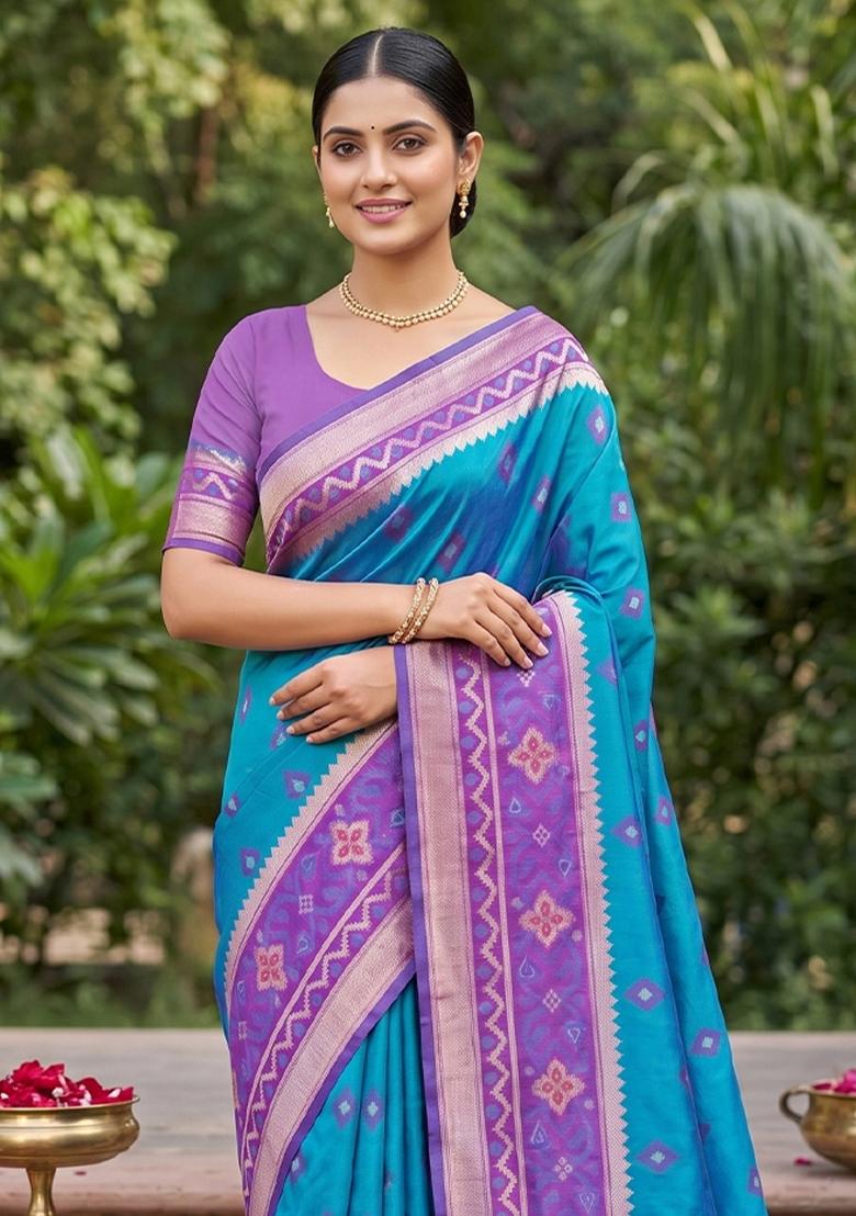 Blue Zari Work Silk Blend Saree Set - Indya